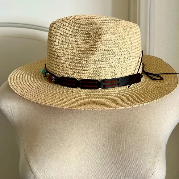 New~Unisex / Straw Hat With Turquoise Stone Detail - Picture 3 of 10